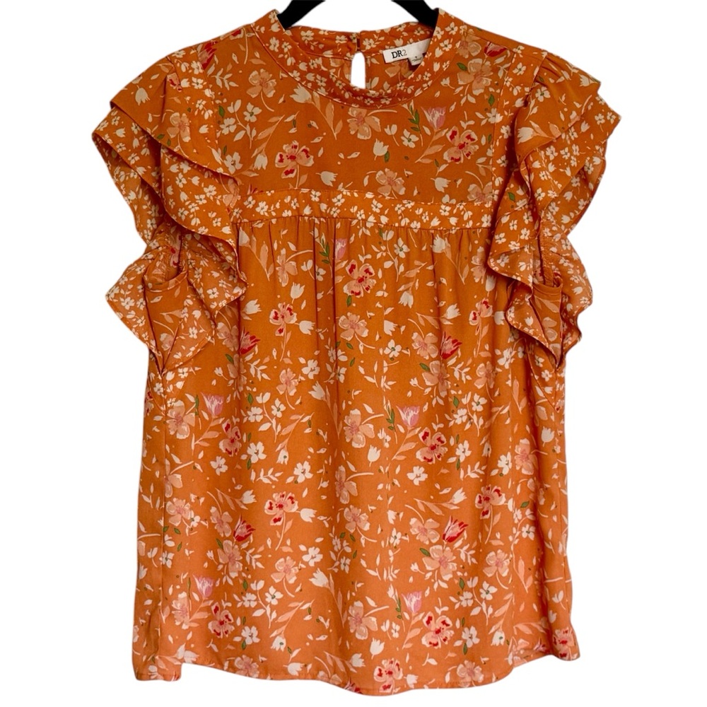 DR2 Orange/White‎ Floral Short Flutter Sleeve Spring Summer Blouse Top Sz-Small